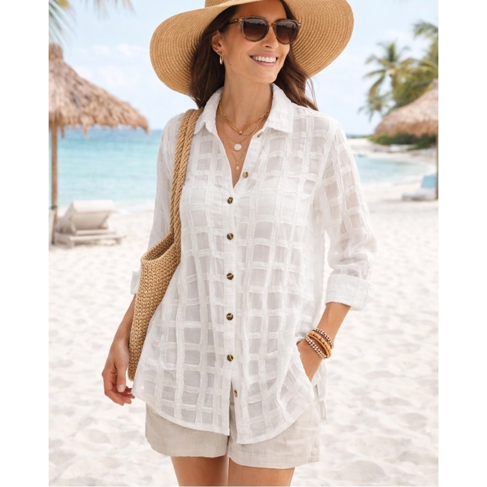 Chico’s Travelers White 3/4 Sleeve Button Down Tunic Chico Size 2 US 12-14 VGC